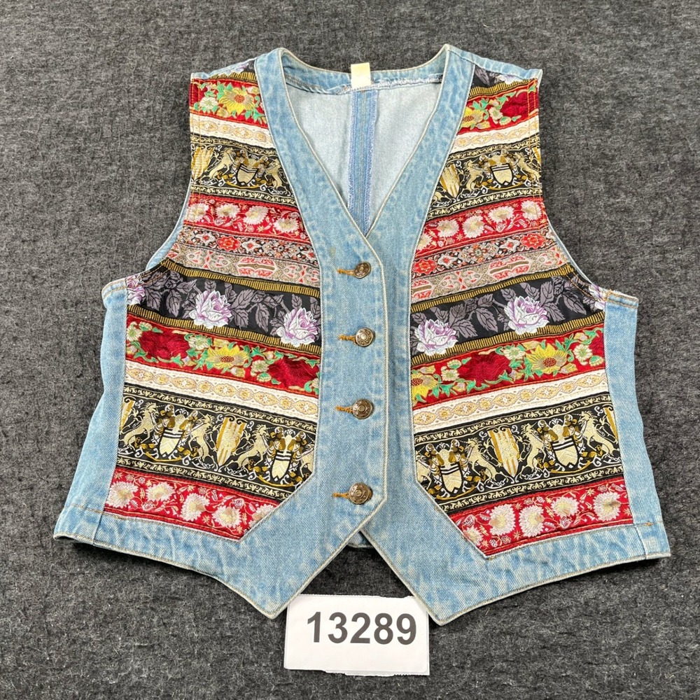 Vintage Womens Denim Vest 14 Blue Floral Cotton Patchwork Adjustable Strap